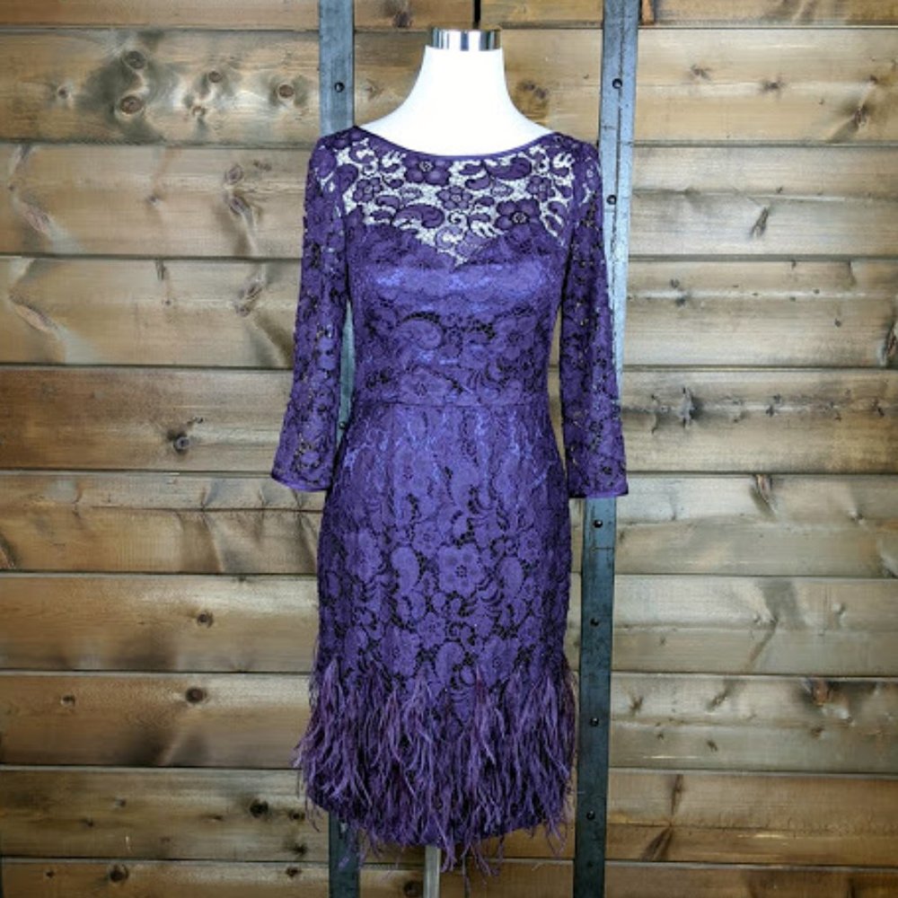 Theia Purple Feather Lace Cocktail Dress - 6